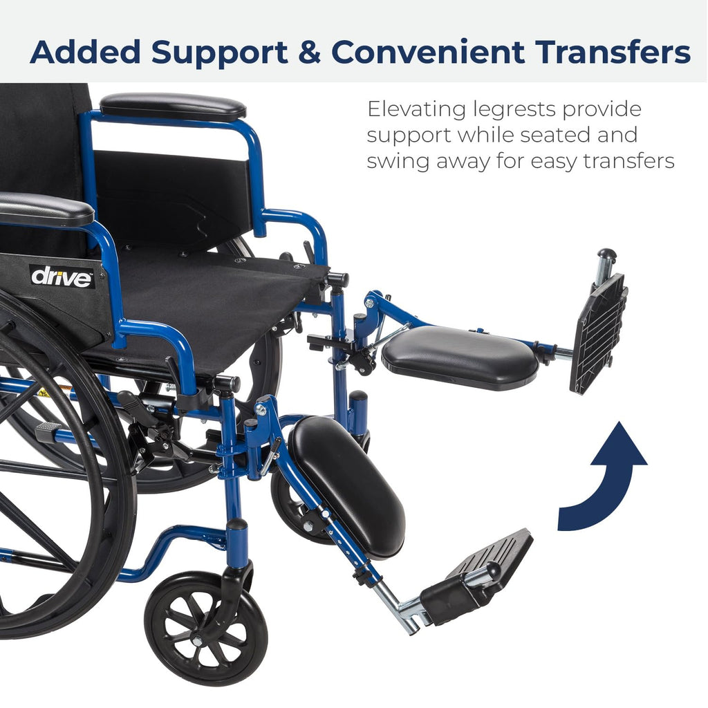 Drive Medical Blue Streak Lightweight Foldable Wheelchair - Enhanced Mobility Support - Durable Construction - Padded Comfort - Swing-Away Leg Rests - Desk Arms - Blue/Black - 16 Inch Seat