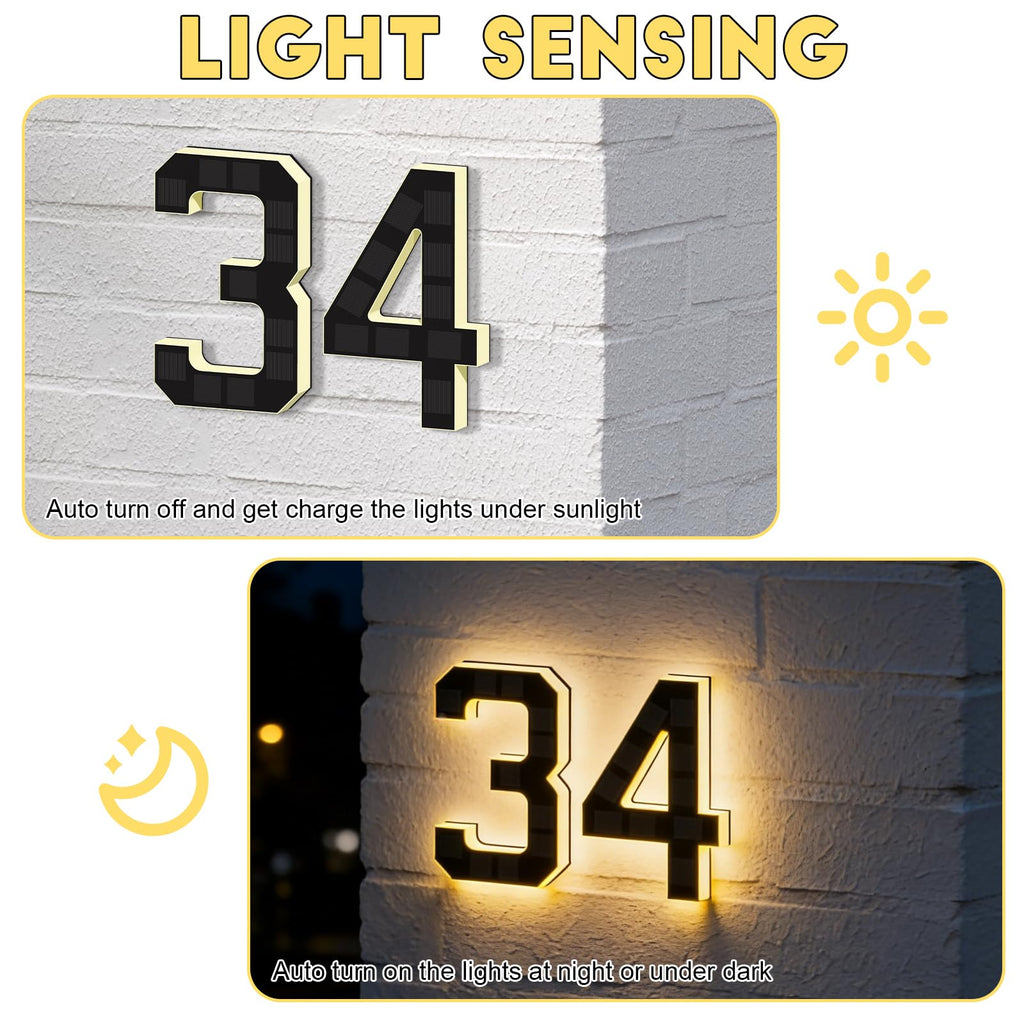 2026 New Solar House Numbers for Outside, Light Up Address Numbers for House, No Drill Adhesive or Screw Mount, IP65 Waterproof LED Illuminated Modern Address Sign, Dusk to Dawn (0, 9 inch)