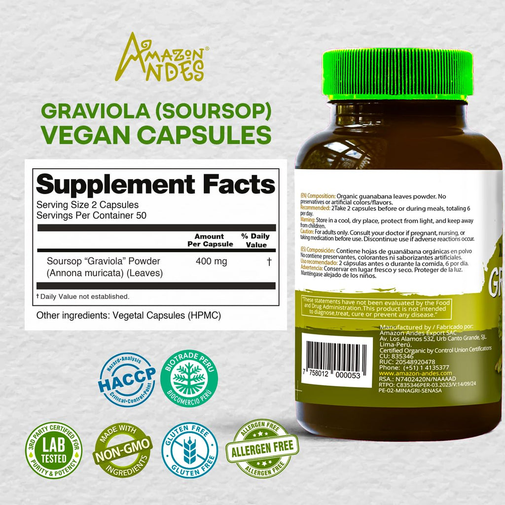 Amazon Andes Organic Graviola Soursop Leaf Capsules 400mg - USDA Certified Annona Muricata from Peruvian Amazon Rainforest - 100 Vegetarian Caps - Guanabana Brazilian Paw Paw Non-GMO