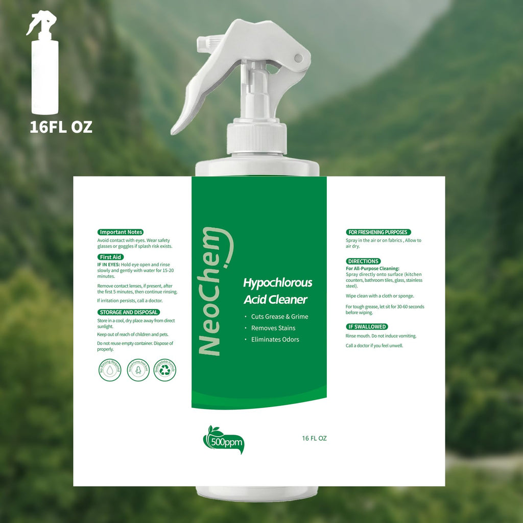 NeoChem Hypochlorous Acid Spray For Cleaning, 500ppm Hypochlorous Acid,Cuts Grease, Removes Stains, Eliminates Odors - No Rinse, No Harsh Fumes, Biodegradable (16oz*4)
