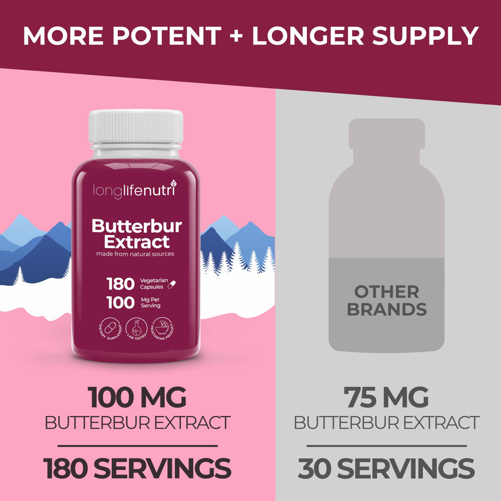LongLifeNutri Butterbur Extract 100mg - Petasites Hybridus Root Extract, 180 Vegetarian Capsules, 6 Month Supply, Organic Supplement for Head Comfort & Neural Calm, GMP Certified, Made in USA
