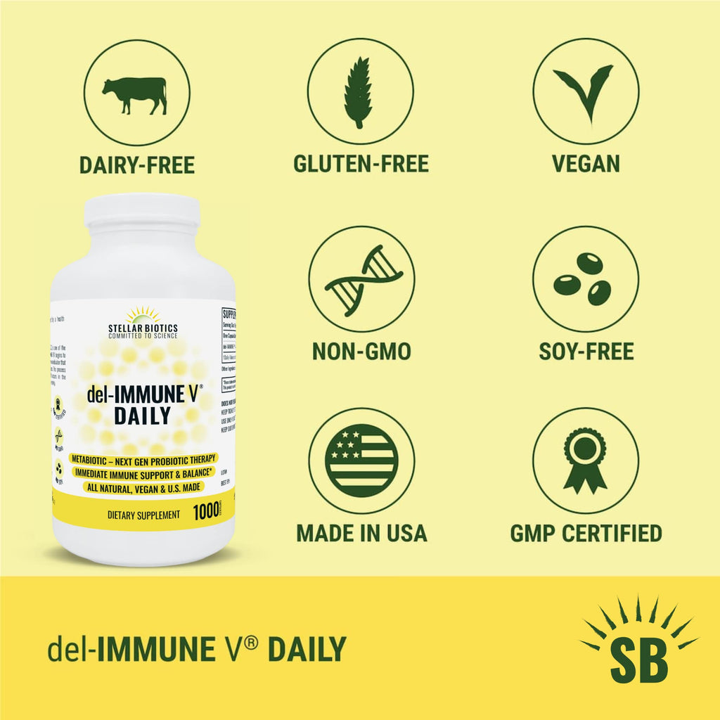 Del-Immune V® Daily by Stellar Biotics, All-Natural Immune Support & Gut Health, Immediate Care, Metabiotic: NextGen Probiotic Therapy (1000 Caps)