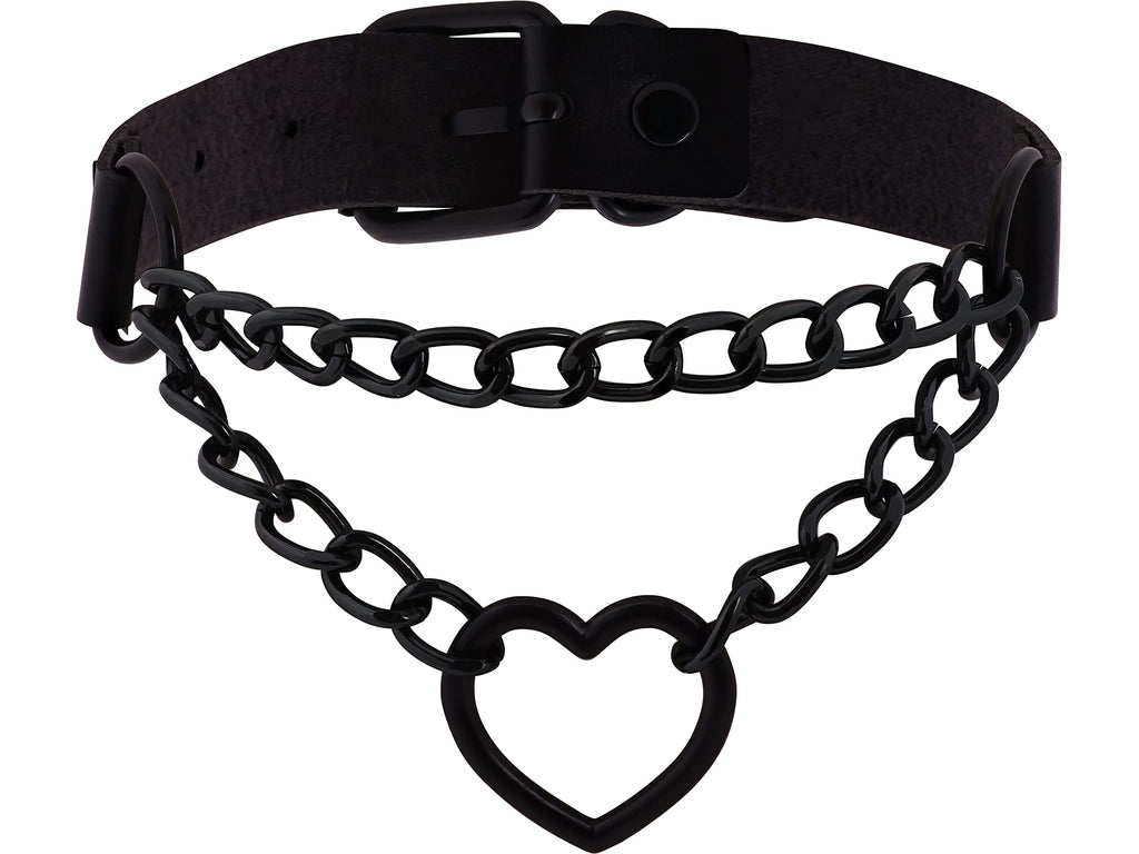 Black Heart Chain Leather Choker Necklace, Gothic Punk Grunge Emo Necklace