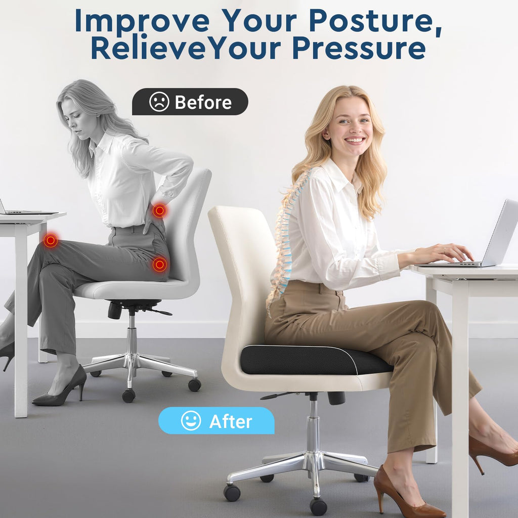 SofterCharm Seat Cushion, Memory Foam Office Chair Cushions for Long Sitting Hours, Chair Pad for Sciatica, Coccyx, Tailbone, Hip Pain & Pressure Relief, Office, Home, Car Seats, Airplane, Black/Large