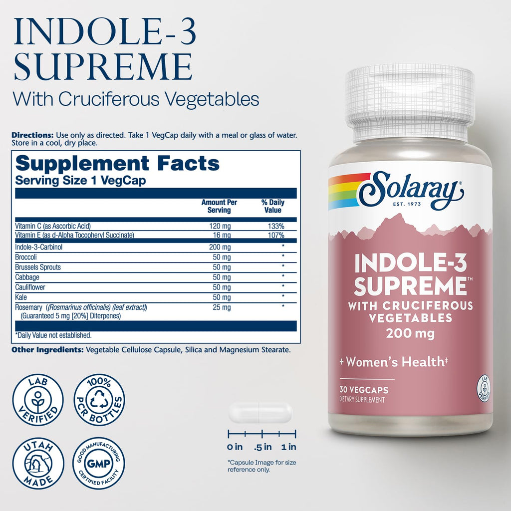 SOLARAY Indole-3 Supreme with Cruciferous Vegetables - Women's Health Support - DIM Plus Broccoli, Kale, and More - Lab Verified, 60-Day Guarantee - 30 Servings, 30 VegCaps