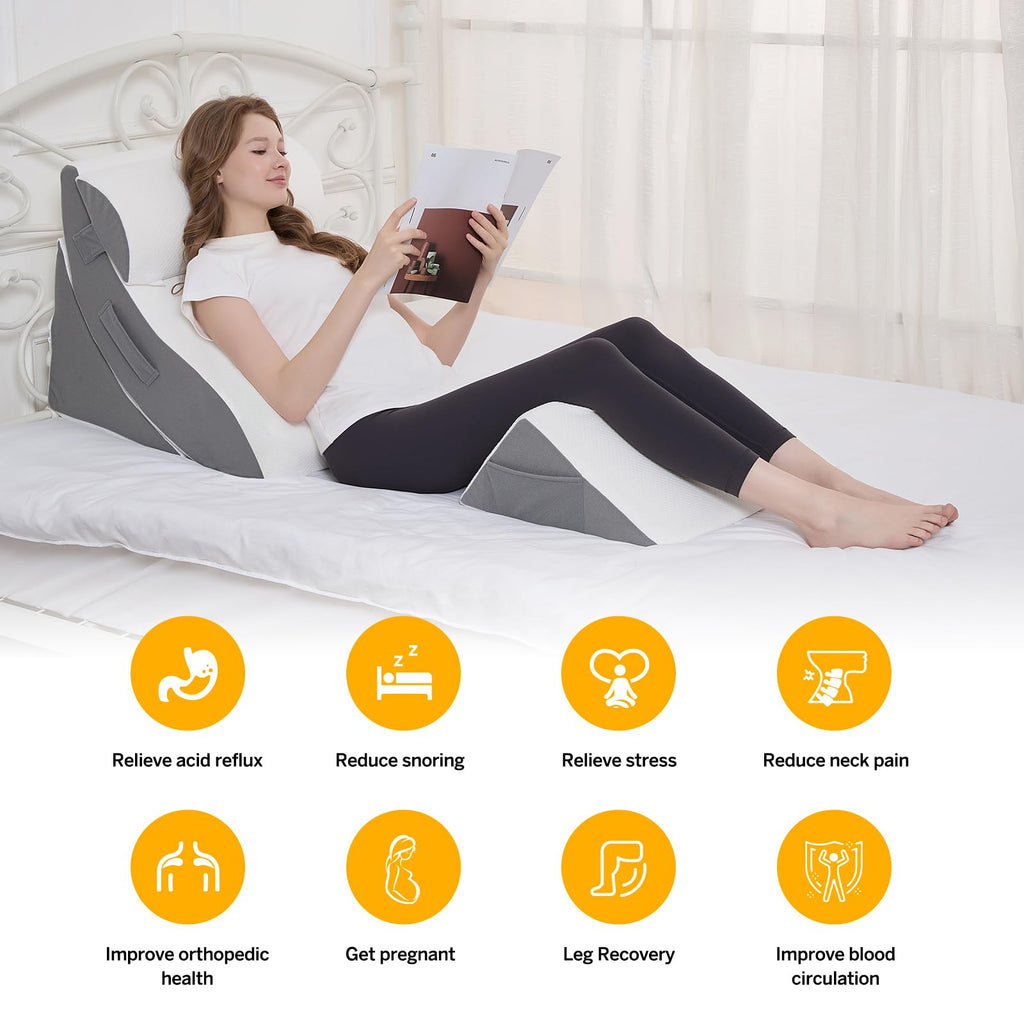 Wedge Pillow Set for After Surgery – 4PCS Orthopedic Bed Wedge Pillows for Sleeping – Adjustable Memory Foam Triangle Support for Back Pain Relief, Acid Reflux & Recovery (Grey)