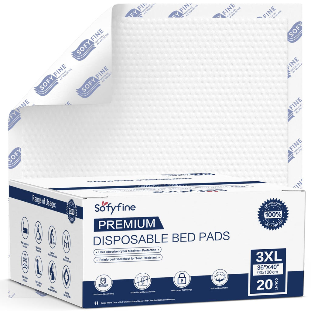SOFYFINE 150 Gram Heavy Duty Chucks 40"x36" Disposable Tear Resistant Adult Incontinence Bed Pads,3XL Extra Large Thicken Puppy Pee Pad,10X Super Absorbency 360 Lb Transfer[20 Pads]