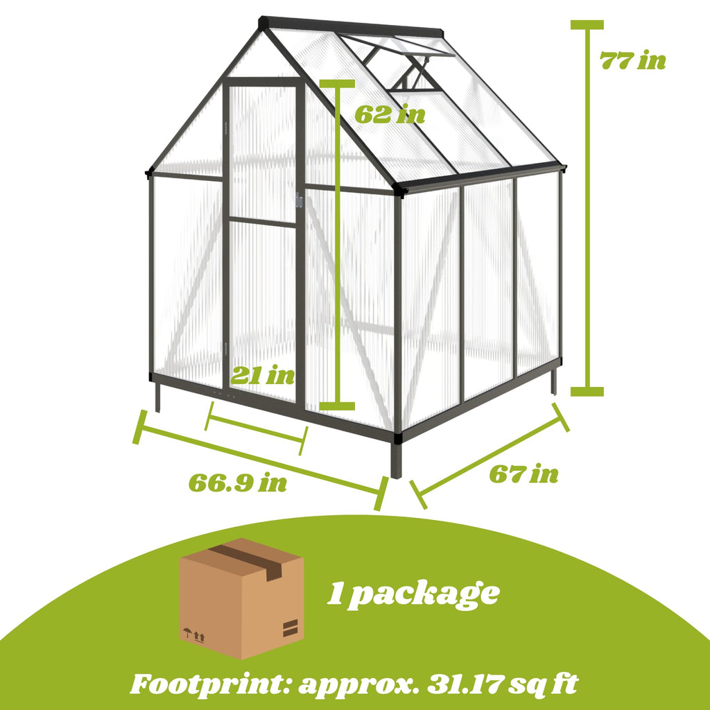 FLY BY YAN 6x6FT Outdoor Polycarbonate Greenhouse with Roof Vent, Dark Gray