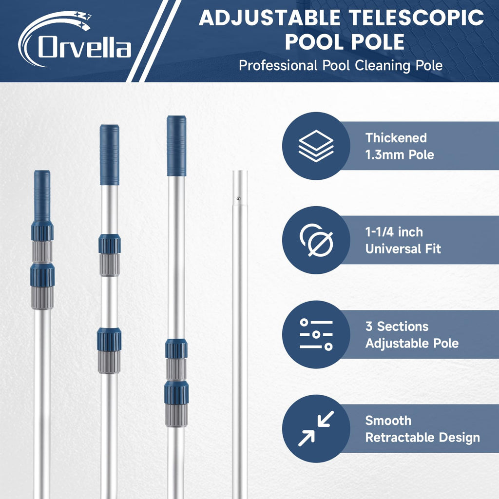 Orvella Pool Pole, 16FT Telescopic Pool Cleaning Pole, Professional Aluminum Swimming Pool Poles, 1-1/4" Universal Connector for Skimmer Net, Brush & Vacuum Head