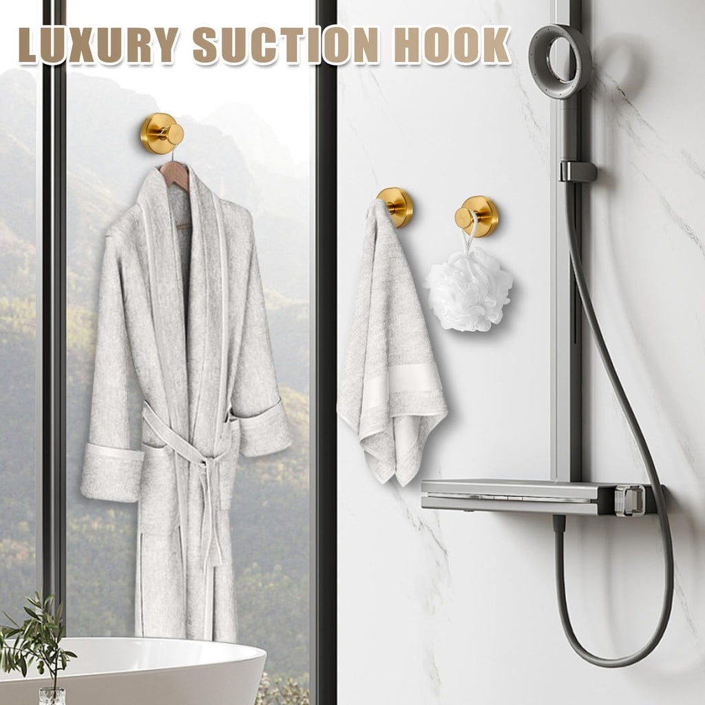 Fenas Suction Cup Hooks for Shower No-Drill Bathroom Hooks for Towels, Robes, Loofah Mountable on Bathroom Walls, Kitchen, Glass, Mirrors, Tile and Smooth,Non-Porous Surfaces (2 Pack, Brushed Gold)
