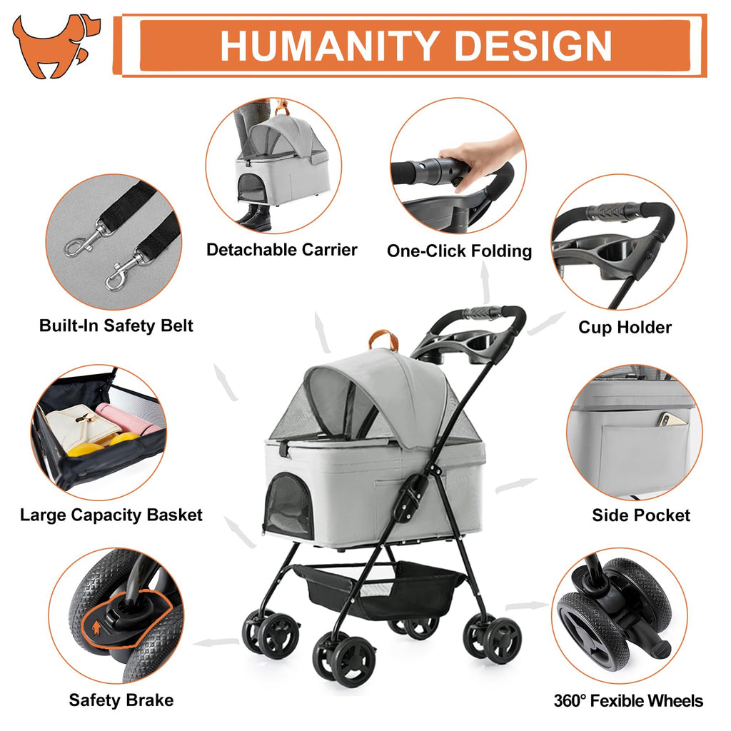 LPOTIUS 3-in-1 Pet Stroller for Small Dogs and Cats, Folding Lightweight Dog Stroller with Detachable Carrier Portable Cat Puppy Jogging Stroller with Cup Holder and Storage Basket, 4 Wheels