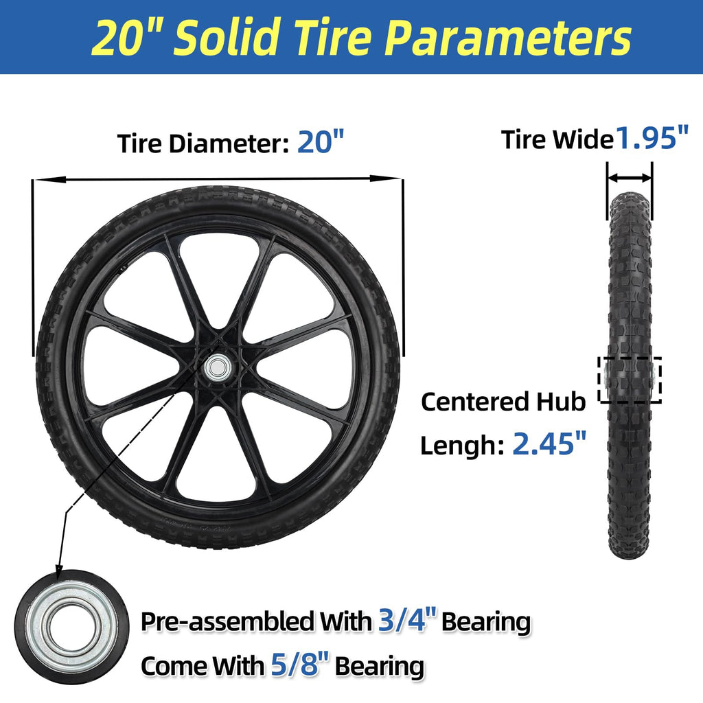 GICOOL 20" Flat Free Tire and Wheel, with 3/4" & 5/8" Bearing, 2.45" Centered Hub, Replacement Wheel For Rubbermaid Wheelbarrow, Garden Yard Cart, 2 Pcs
