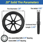 GICOOL 20" Flat Free Tire and Wheel, with 3/4" & 5/8" Bearing, 2.45" Centered Hub, Replacement Wheel For Rubbermaid Wheelbarrow, Garden Yard Cart, 2 Pcs
