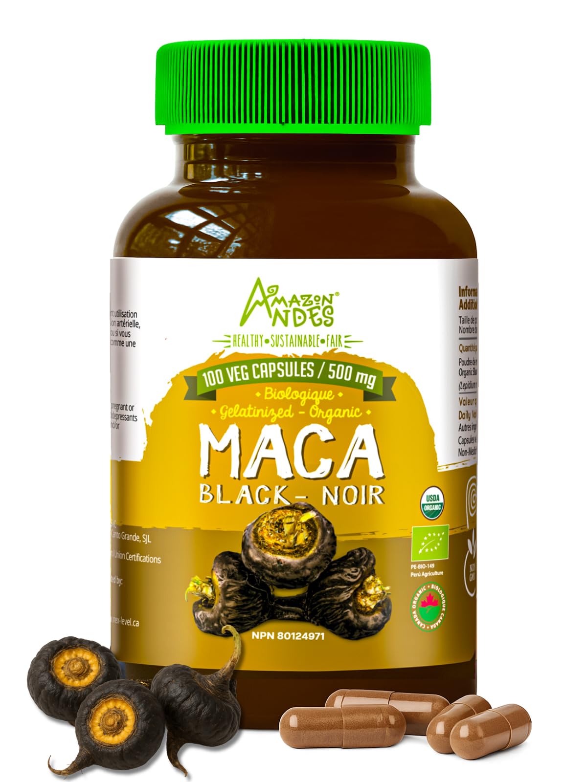 Black Maca Root Capsules l Organic Vegan Pills l 1500mg per Serving l Reproductive Health for Men l Natural Energy Booster l Adaptogen Function l Non GMO and Gluten Free l Amazon Andes