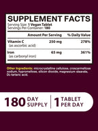 Iron Supplement for Women Men, High Potency Iron 65mg with Vitamin C 250mg, Stomach Friendly Iron Pills for Red Blood Cell & Immune Support, Vegan, Non-GMO & Gluten Free, 180 Tablets
