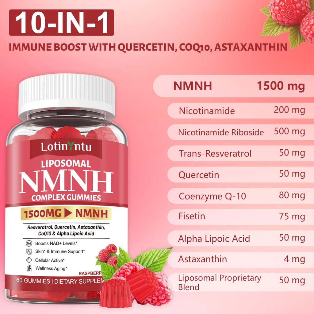 2Pack 1500MG Liposomal NMN Supplement NMNH Gummies-NAD Supplement to Boost NAD+, Nicotinamide Riboside ＆ Quercetin,Improve Energy Levels ＆ Enhance Endurance, Blend for Cellular Energy & Repair Support