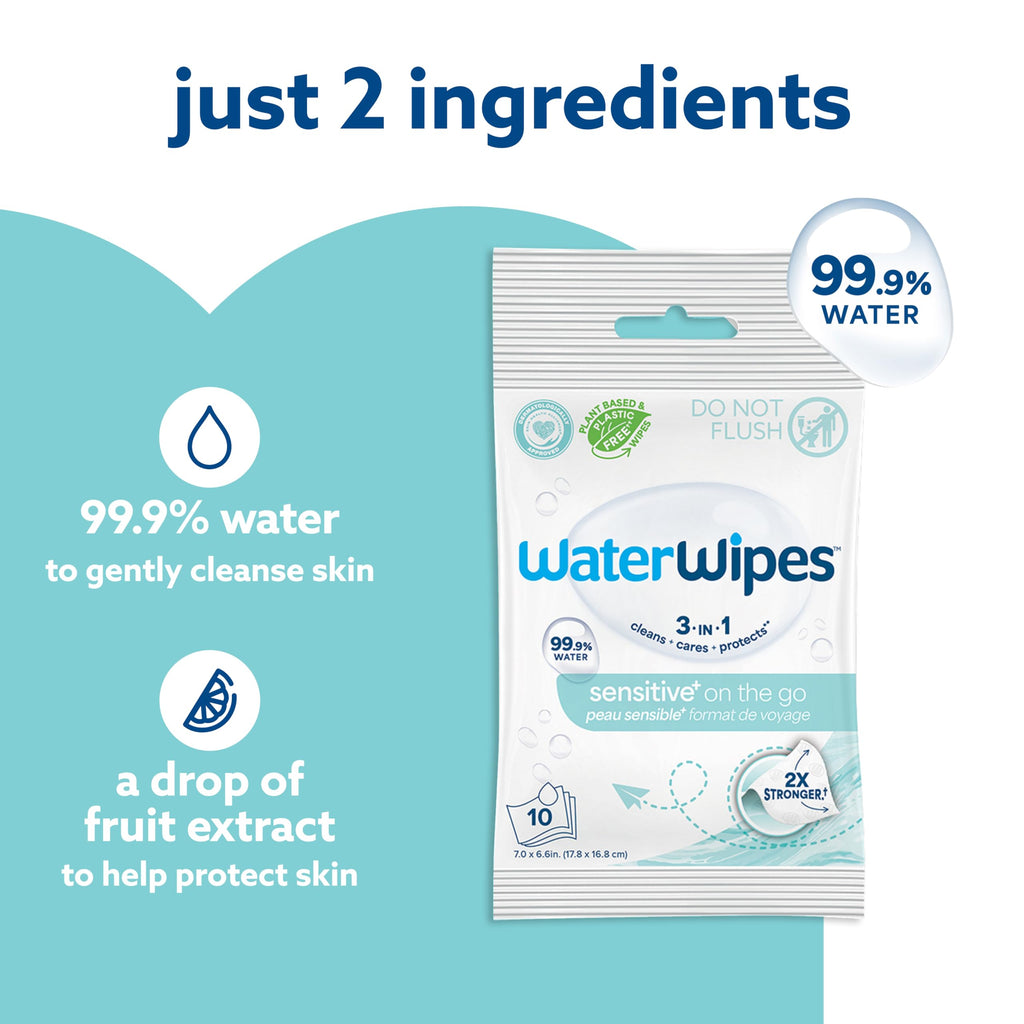 WaterWipes Sensitive+ On The Go Wipes,3-In-1 Cleans,Cares,Protects,99.9% Water,Unscented & Hypoallergenic Wet Wipes,28 Count (Pack of 2)
