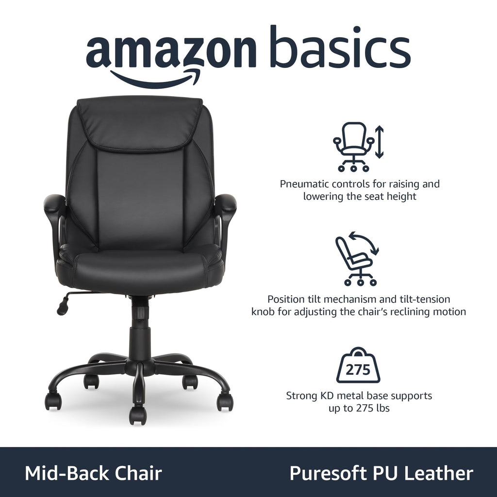 Amazon Basics Classic Puresoft PU Padded Mid-Back Office Desk Chair with Armrest, Easy Assembly, Sturdy Metal Base, Wheels, 275lb Support, 26"D x 23.75"W x 42"H, Black