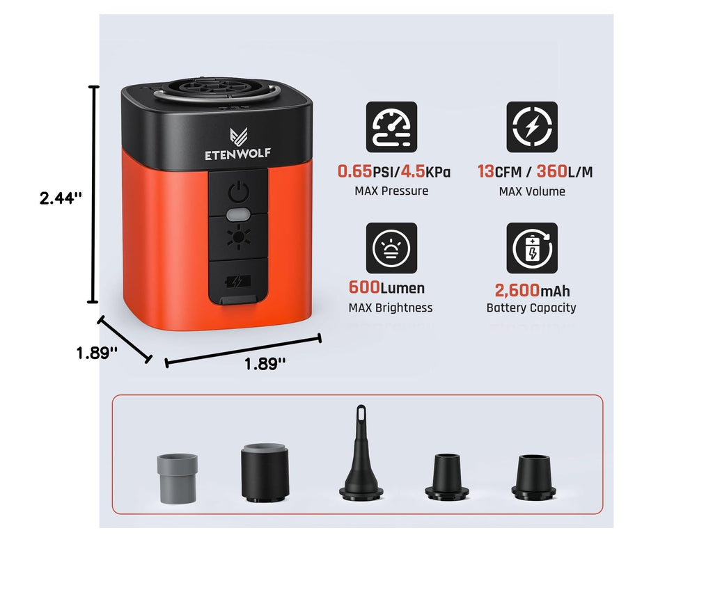 ETENWOLF AIR 3 Air Pump for Inflatables with 2600mAh Battery& Camping Light