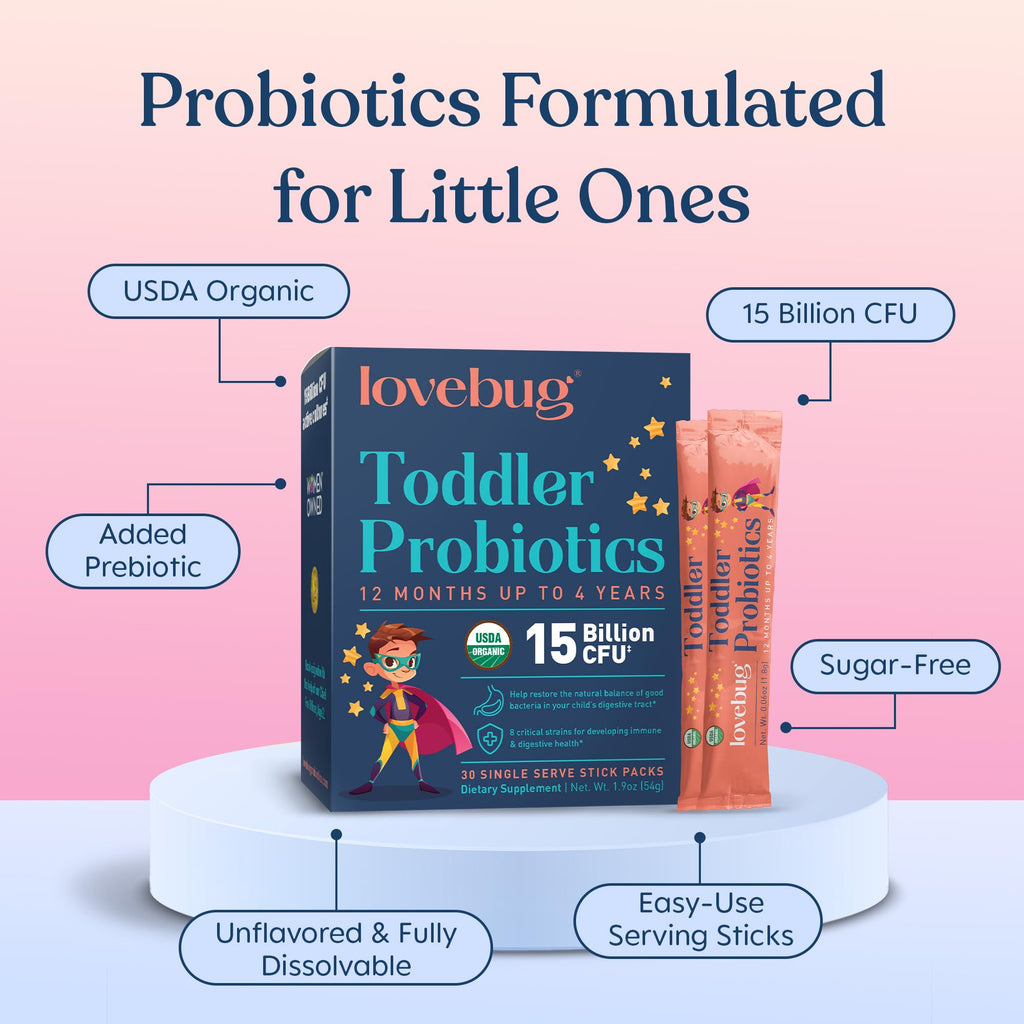 Lovebug Kids Probiotic Powder with Prebiotic Fiber - Toddler Immunity Support & Constipation Relief - USDA Organic Probiotics for Childrens Gut & Digestive Health (Ages 1-4) - 30 Pack (Unflavoured)