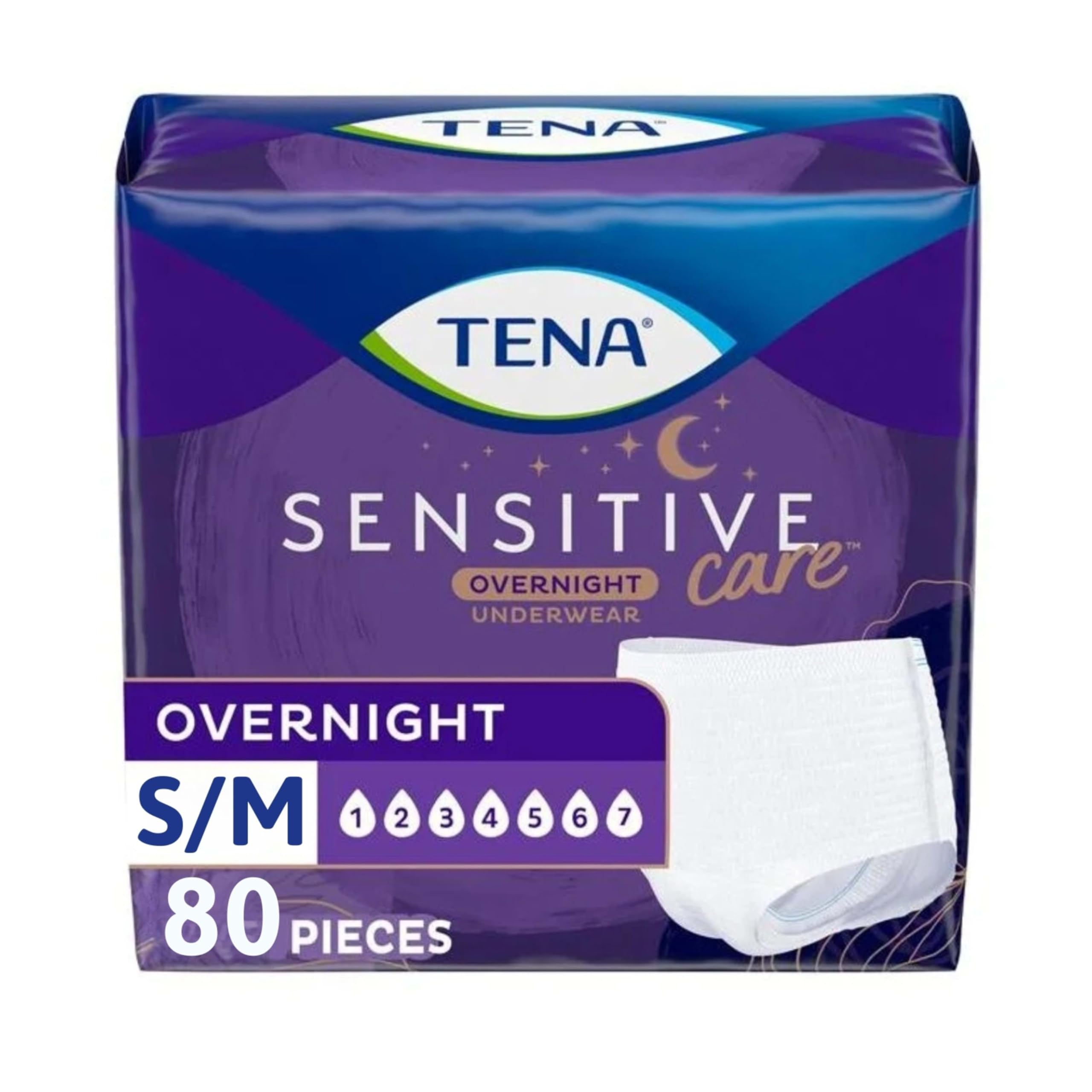Tena Sensitive Care Overnight Incontinence Underwear for Women, Bladder Control and Postpartum, Small/Medium, 80 Count (Waist Size: 25in-35in)