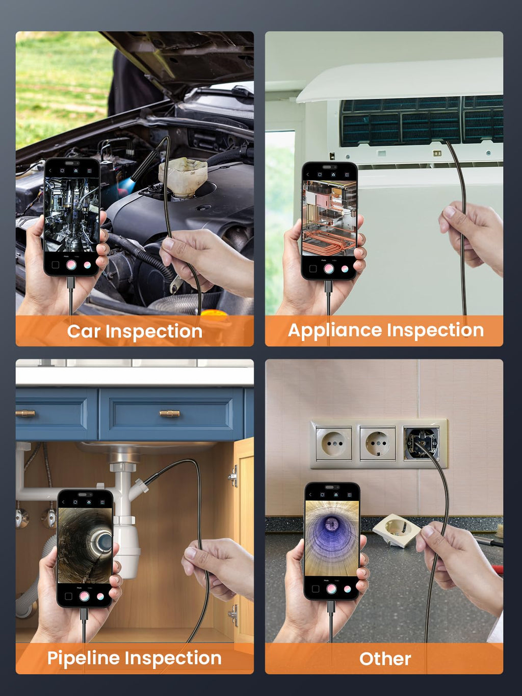 Vorth Endoscope Camera with Light, 1920P HD Borescope with 8 LED Lights, 16.5 FT Semi-Rigid Snake Inspection Camera, IP67 Waterproof Drain Pipe Borescope Mens Tool for iOS and Android