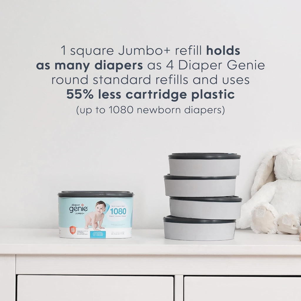 The Diaper Genie Jumbo+ Square Refill, with continuous film, can hold up to 1080 newborn-sized diapers per refill.