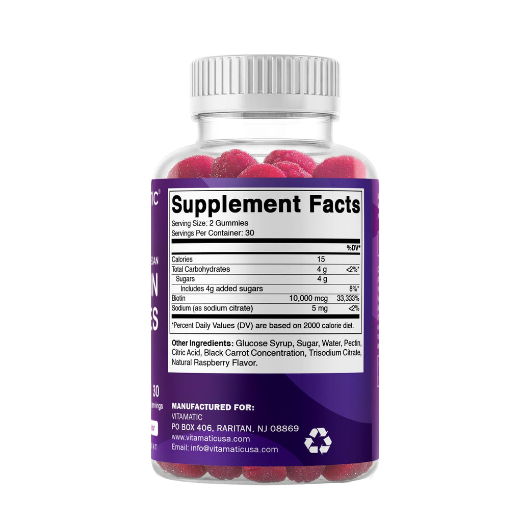 Vitamatic Biotin Gummies 10,000 mcg for Stronger Hair, Skin & Nails - 60 Vegan Gummies - Also Called Vitamin B7 (6 Bottles)