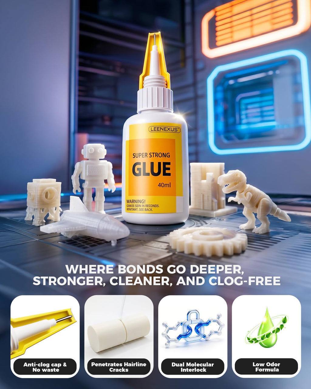 LEENEXUS Super Glue for Plastic, PLA, ABS, PETG, PC, ASA, Acrylic, PVC, Dries Clear Liquid CA Adhesive for 3D Prints, Model Kits, RC Parts & Repairs, 40ml