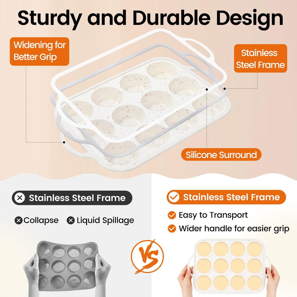 Fimary Silicone Muffin Pan with Metal Reinforced Frame - 12 Cups Muffin Pan With 24 Cups for Homemade Muffins, Cupcakes, Oven and Dishwasher Safe - Set of 2, Rainbow Dots