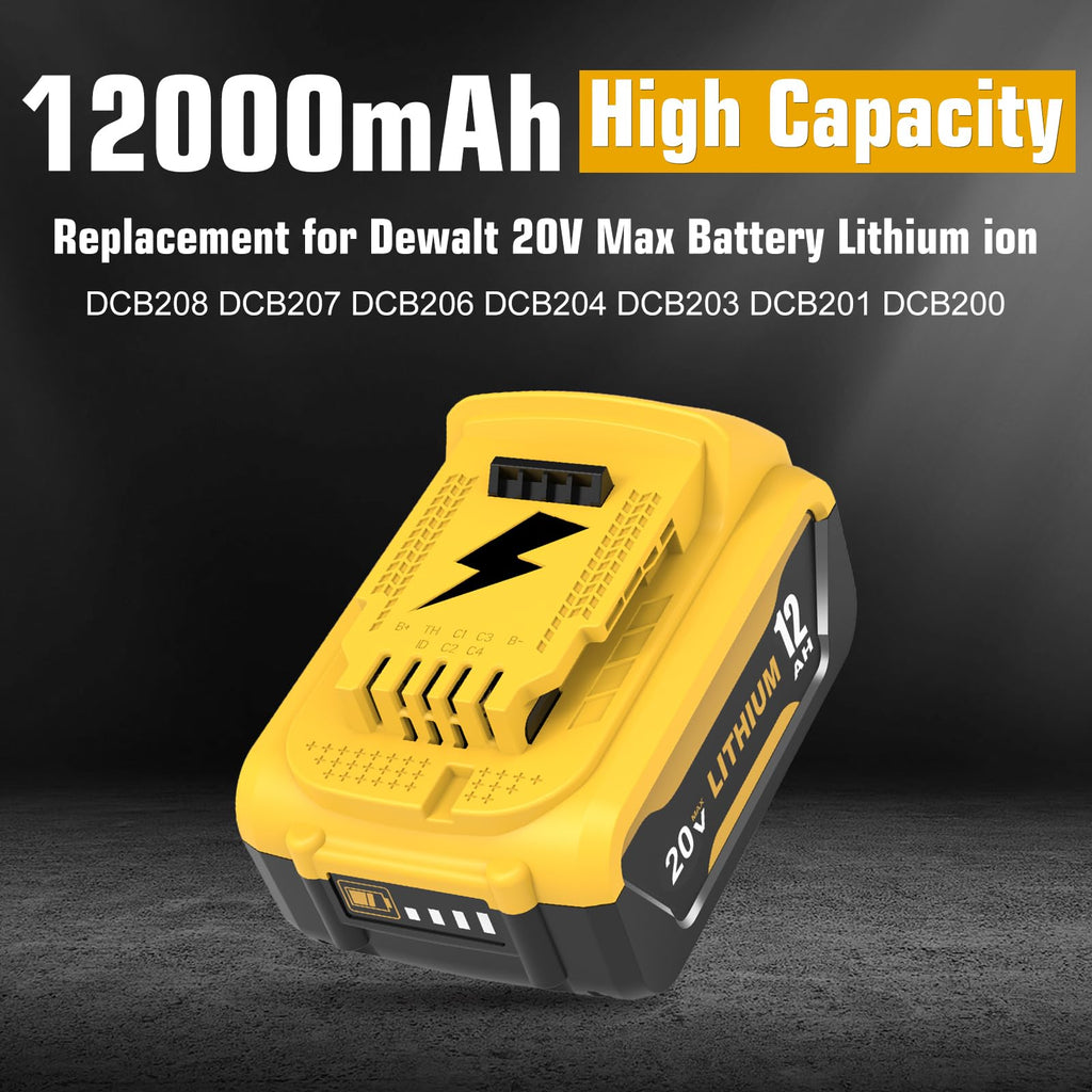 Ibanti 2 Packs 12000mAh 20 Volt Lithium ion DCB208 Battery and DCB107 Charger Compatible with Dewalt 20V Max Battery DCB207 DCB206 DCB204 DCB203 DCB200 DCB201 DCD/DCF/DCG/DCS Cordless Power Tools