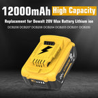 Ibanti 2 Packs 12000mAh 20 Volt Lithium ion DCB208 Battery and DCB107 Charger Compatible with Dewalt 20V Max Battery DCB207 DCB206 DCB204 DCB203 DCB200 DCB201 DCD/DCF/DCG/DCS Cordless Power Tools