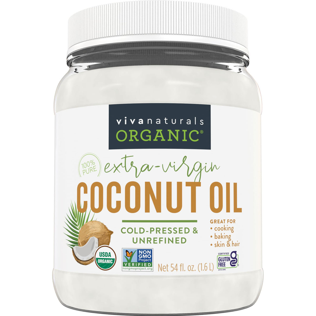Viva Naturals Organic Coconut Oil, 54 fl oz – Unrefined, Cold-Pressed Extra Virgin Coconut Oil, USDA Organic & Non-GMO, Natural Cooking Oil, Hair Oil & Skin Oil