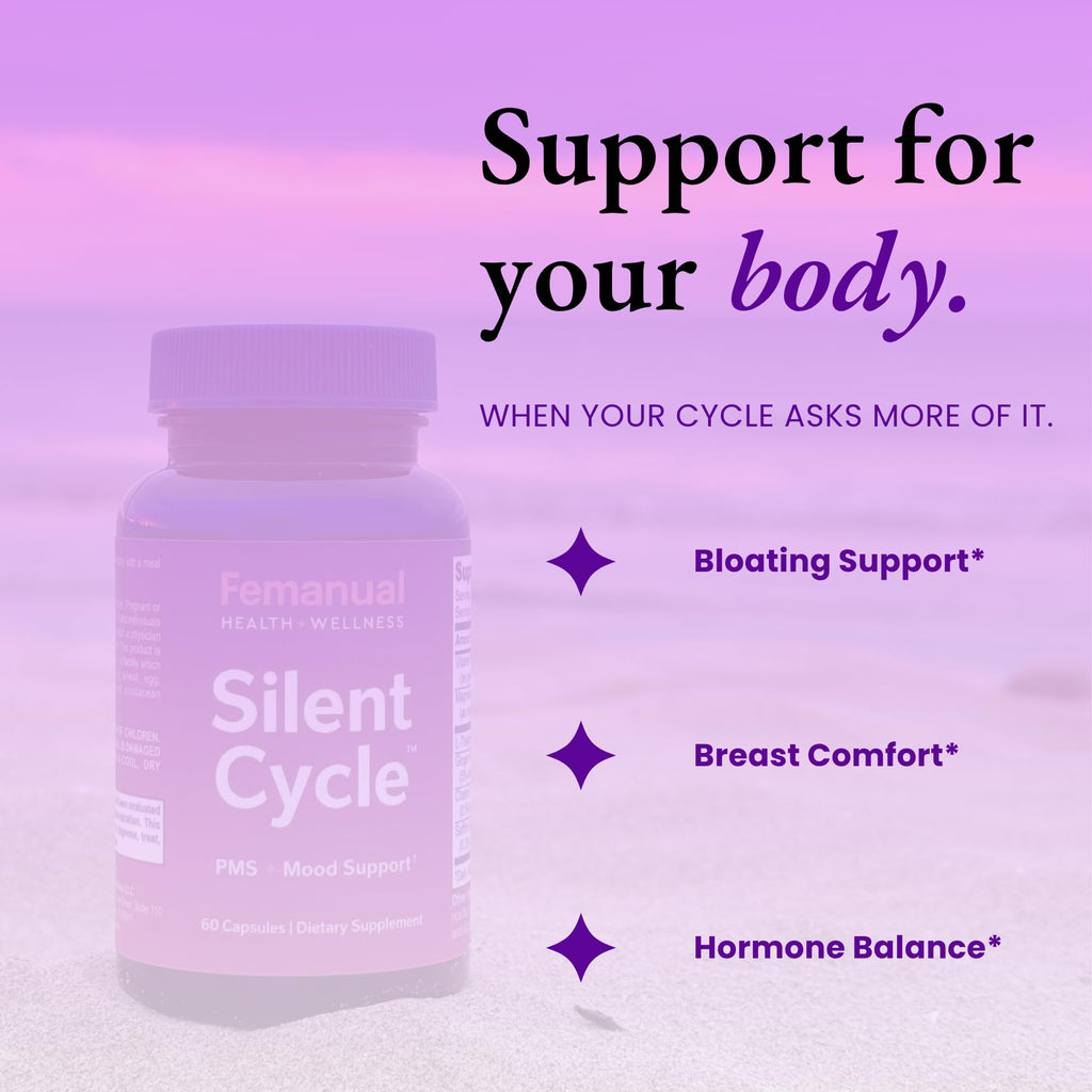 Femanual SilentCycle | PMS + Mood Support Supplement with Chasteberry (Vitex), Saffron, Magnesium, L-Theanine, Vitamin B6, and Ginger - 60 Vegan Capsules