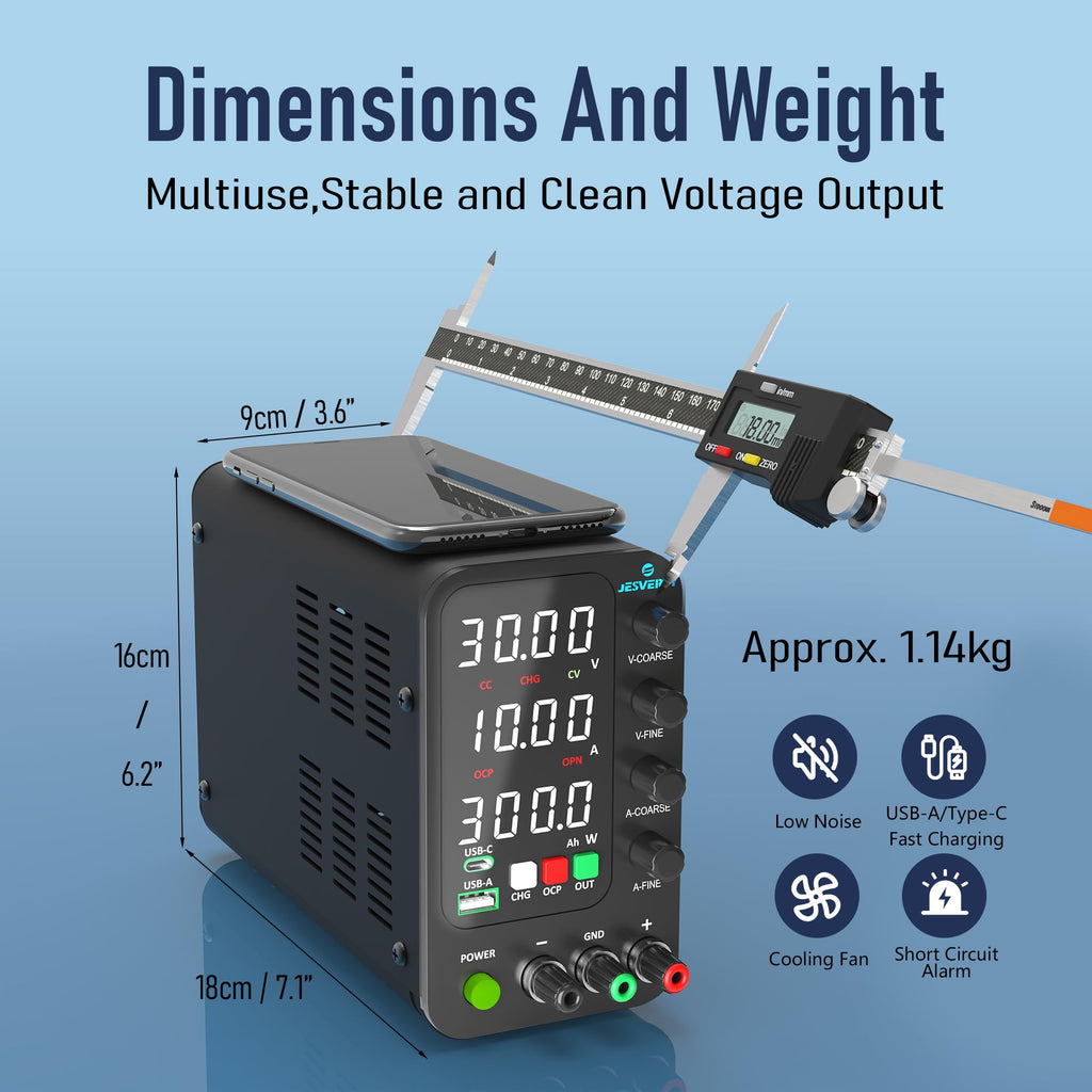 Jesverty DC Power Supply Variable, 0-32V 0-10A Switching Bench Power Supply with Intelligent Charging Mode, 20W USB & Type-C Quick-Charge, Encoder Knob, Output Switch, 4-Digit LED Display - SPS-3010C