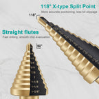 OSTTE Step Drill Bit Set 5PCS, 50 Sizes HSS Titanium Coated Step Bits for Metal Stainless Steel Aluminum Iron Wood Plastic, with Aluminum Case