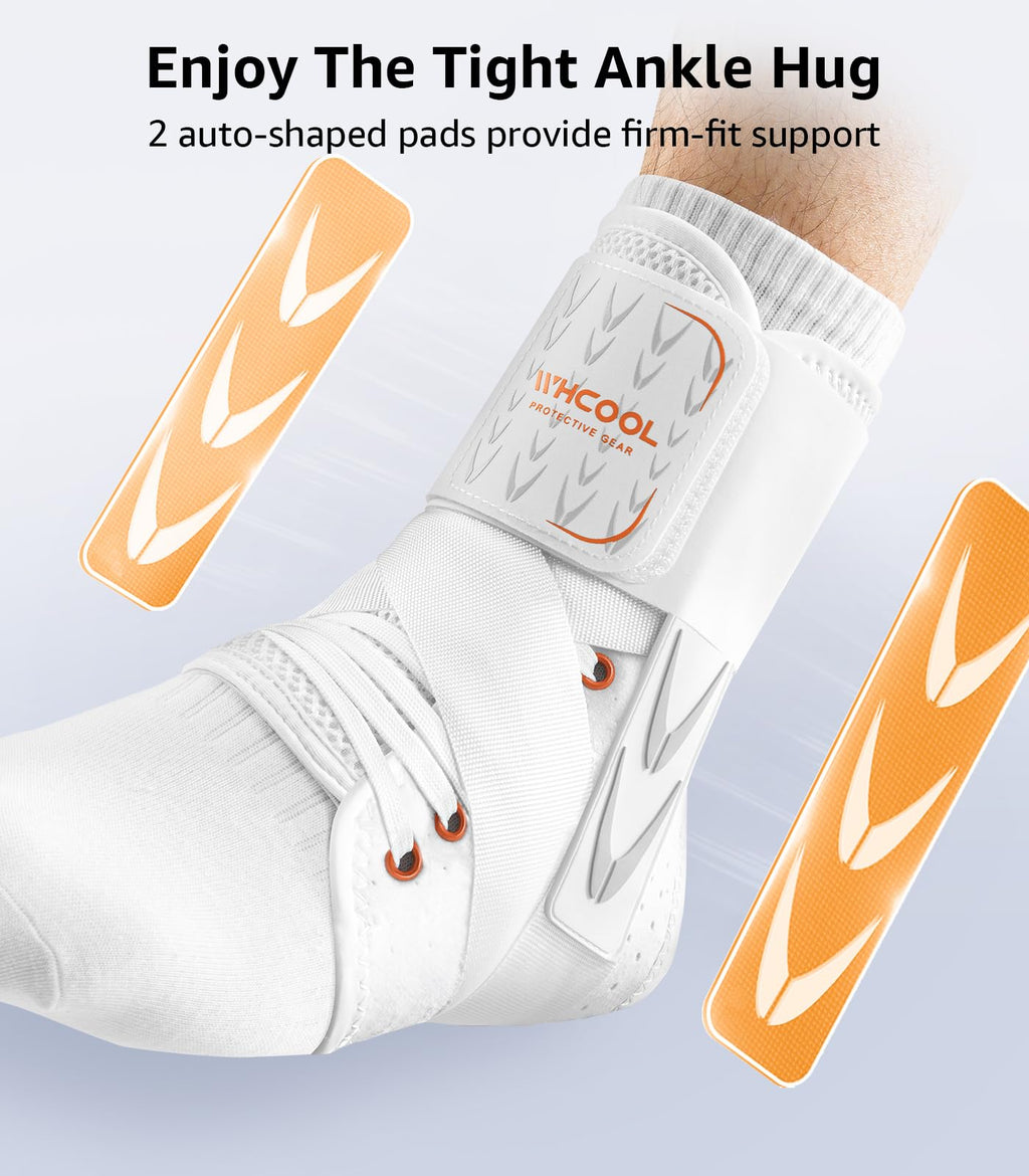 WHCOOL Slim-Fit Ankle Brace for Sprained Ankle, Quick Lace Up Ankle Support for Women Men with 2 Auto-Shaped Pads, Air Fabric Cool Ankle Stabilizer for Injury Recover, Running,Sports,White，XL