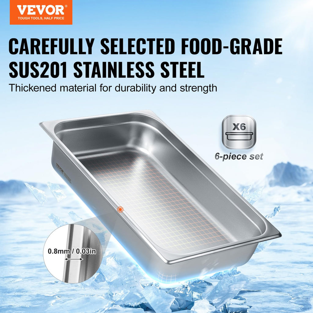 VEVOR 6 Pack Stainless Steel Hotel Pans,Full Size 4 Inch Deep 0.8mm Thick Anti-Jam Commercial Food Pans for Steam Tables, Restaurants, Catering & Industrial Use