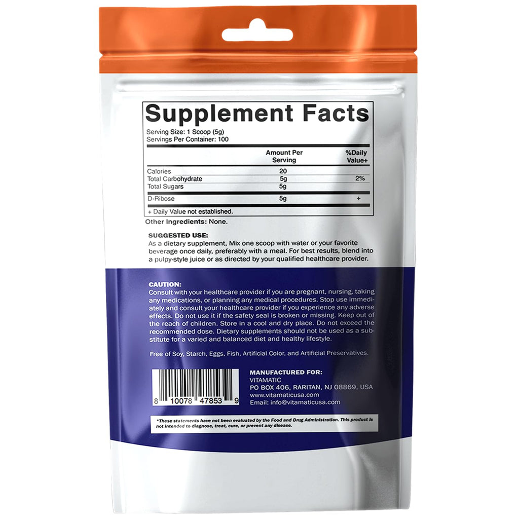 Vitamatic D-Ribose Powder 500g - 17.6 OZ (500 Gram) | Pure & Unflavored | Non-GMO | Easy-Mix Dietary Supplement