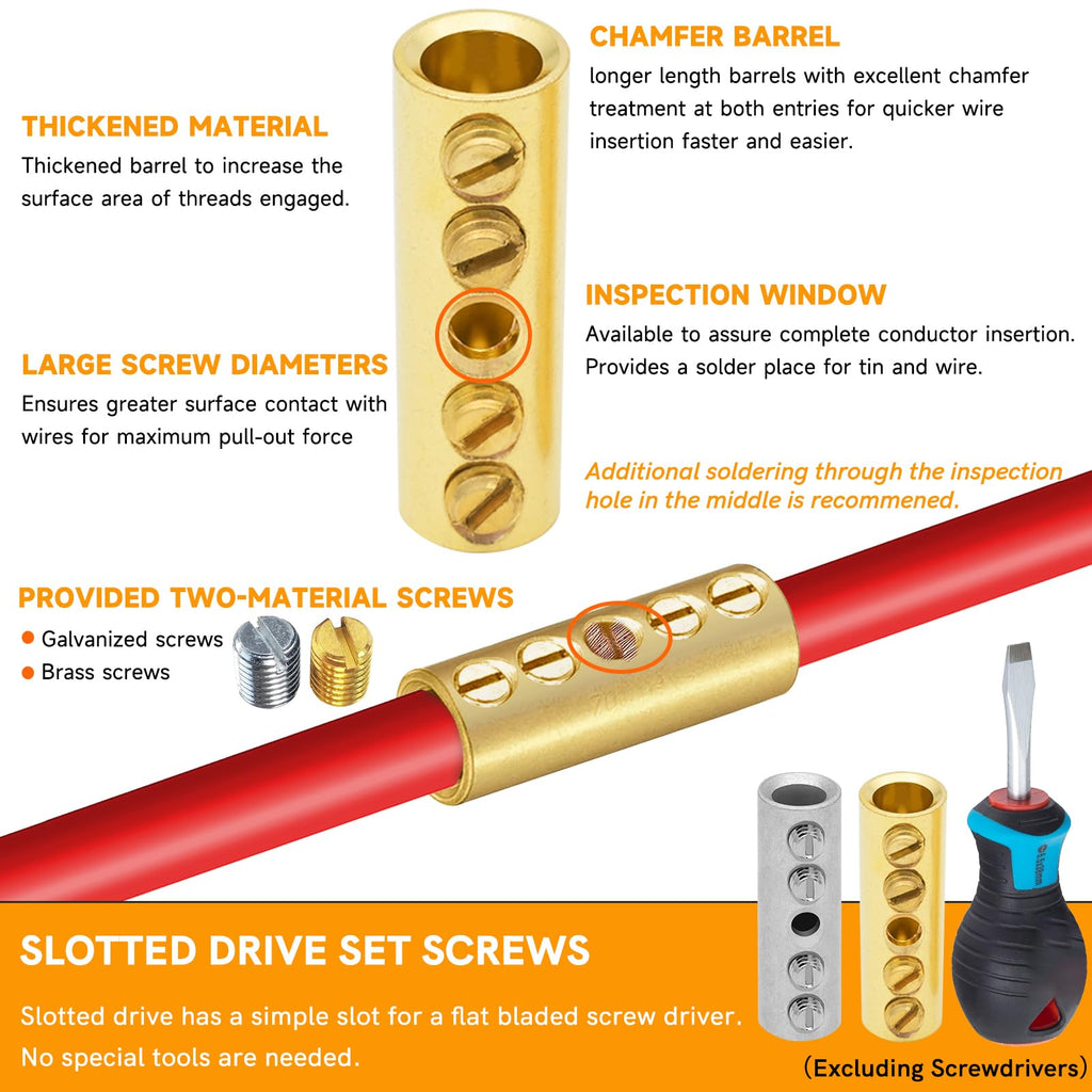 16-14 Gauge Wire Butt Connectors 20 PCS Brass Mechanical Butt Splice Connectors Kit 16-14 AWG Screw Sleeve Butt Splices Quick Connect Wire Connectors Mechanical Splices with 20 PCS 3:1 Heat Shrinks