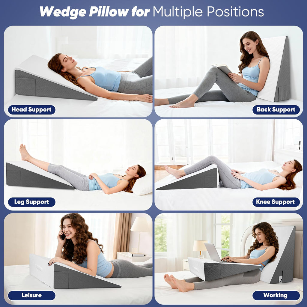 Vimoli Bed Wedge Pillow for Sleeping & Resting, 8 inch Incline Pillow Wedge for Adults Seniors, Back Support and Leg Elevation, Cooling Memory Foam Top, Ideal for Couch, Bedroom & Living Room