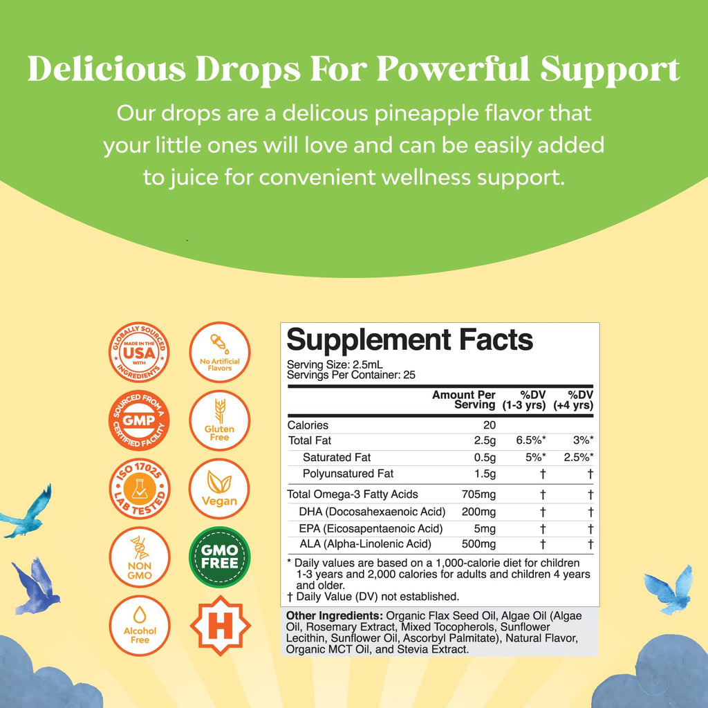Kids DHA Omega 3 Drops - Fatty Acids Omega 3 6 9 for Brain, Immune Strength & Vision - Nutritional DHA for Healthy Nervous System & Focus Support - Liquid Supplement with EPA & ALA - 2 Fl Oz (3 Pack)