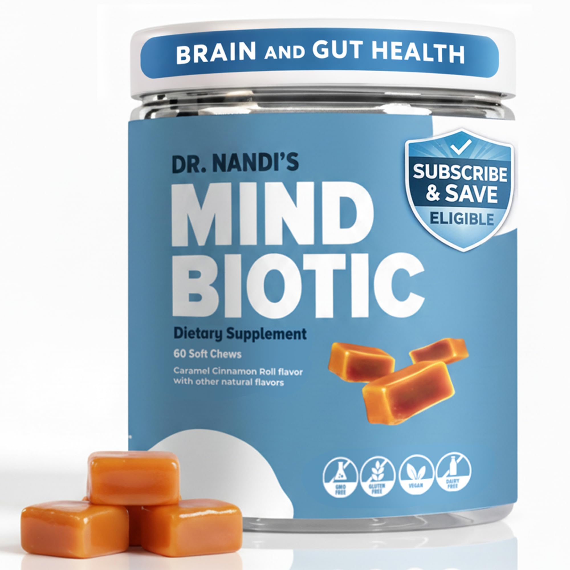 Ashwagandha KSM-66 , Probiotics & Prebiotics - 300MG - Brain & Digestive Health Supplement - Supports Memory, Focus, Energy & Gut-Brain Connection - 60 Caramel Cinnamon Chews for Men & Women