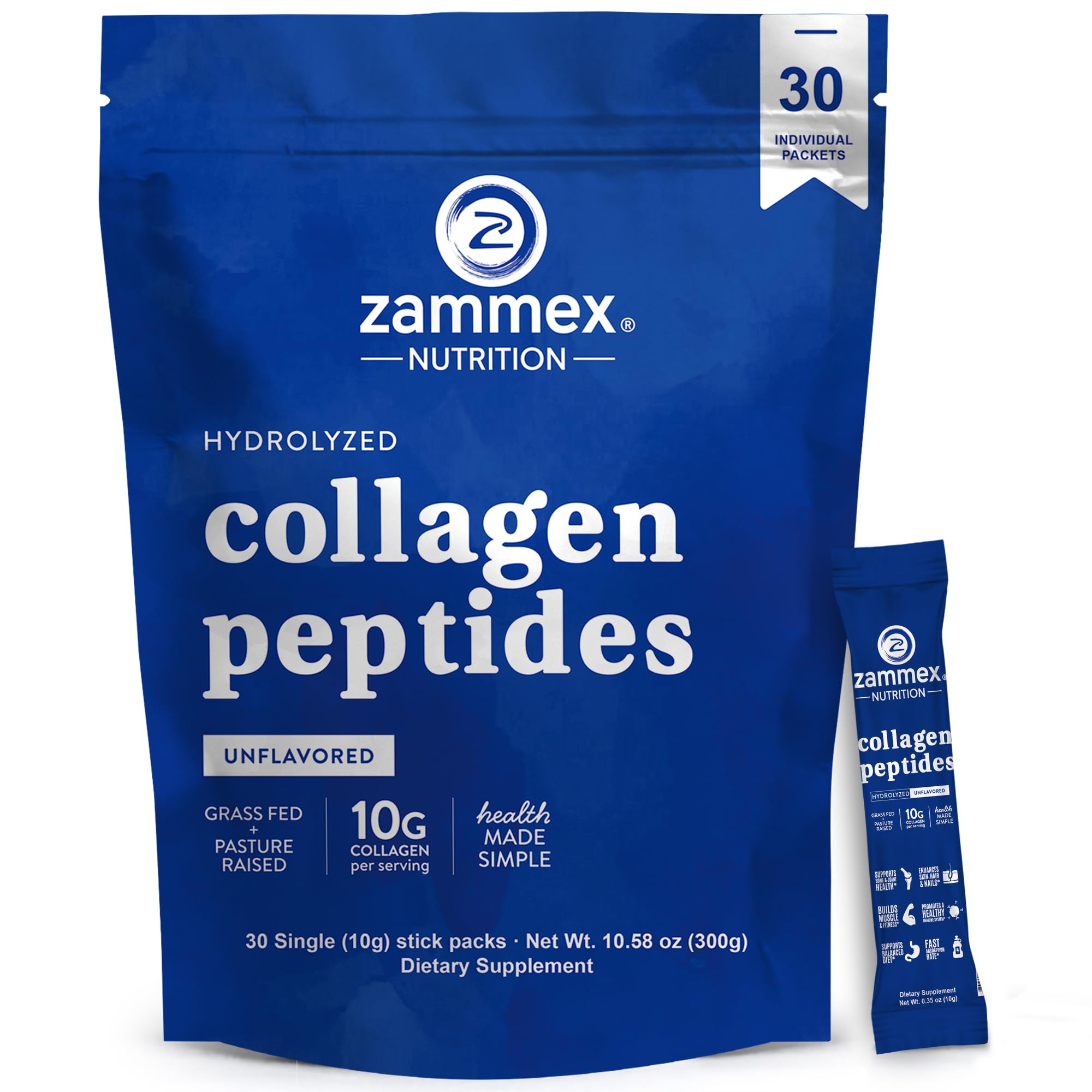 Premium Collagen Peptides Powder, 30 Sticks Travel Packets(Type I, III), Unflavored Collagen Protein Powder to Go, Hydrolyzed Collagen Peptides for Skin Hair Nail Joint, 10g per Serving, Paleo & Keto