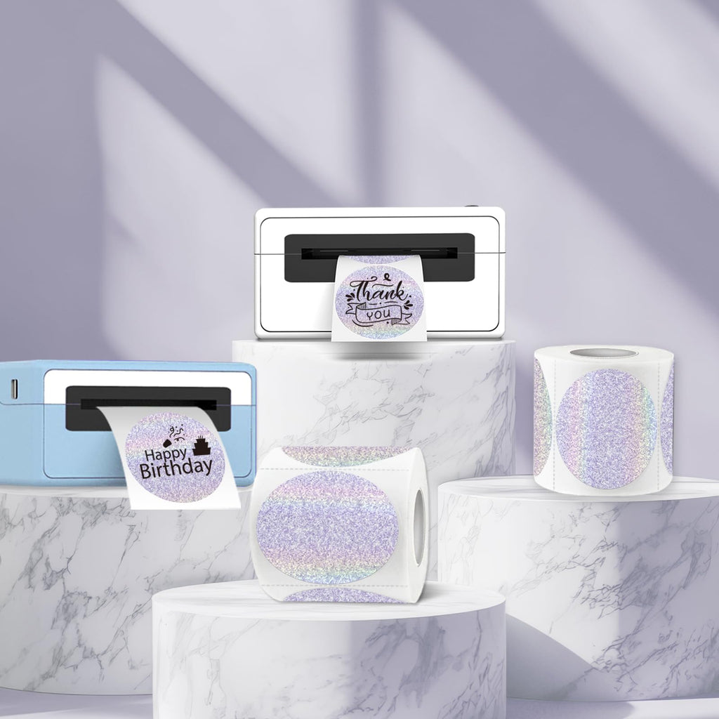 WANGHENG 3 Inch Holographic Thermal Labels,Round Thermal Printer Labels,Waterproof Thermal Printer Stickers for DIY Logo Design,Name Tag,QR Code,Thanks Card 150 Labels/Roll (Purple dots)