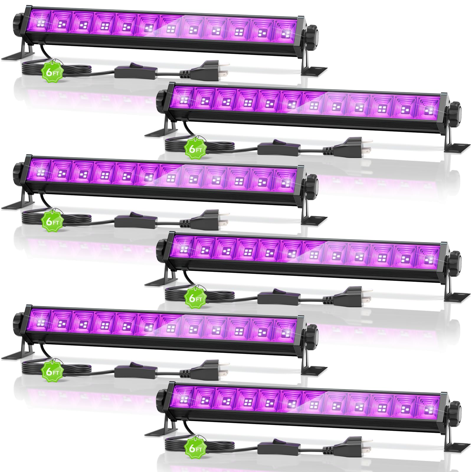 6 Pack 42W LED Black Light Bar, Blacklight with 6FT Cord+Switch+Plug, Glow in The Dark Black Lights Party Supplies for Halloween Decorations, Fluorescent Poster, Body Paint, Classroom, Bedroom