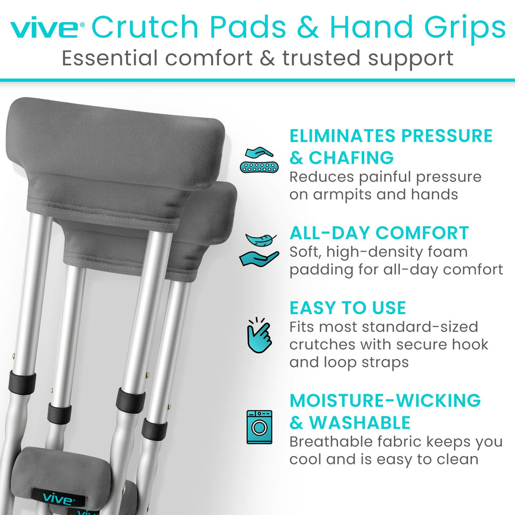 Vive Crutch Pads & Hand Grips - Padding for Walking Arm Crutches - Universal Underarm Padded Forearm Handle Pillow Covers for Hand Grips - Soft Foam Armpit Accessories for Adults, Kids (Gray)