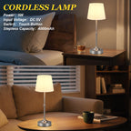 Kakanuo Rechargeable Cordless Table Lamp Silver - 2 Pack 4000mAh Battery Operated Lamp, 3000K Warm Light, Touch Control Stepless Dimming, for Bedside, Dining Table, Home Decor