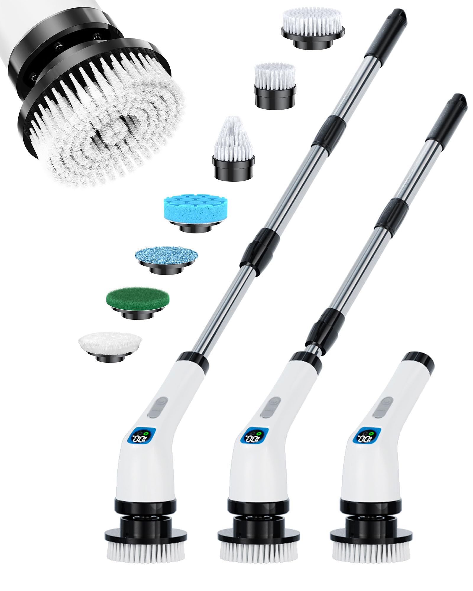 Electric Spin Scrubber, IPX7 Shower Scrubber 7 Replaceable Brush Heads-90Mins Work Time, 2-Speed Adjustable Bathroom Scrubber 3-Height Adjustable Handle Cordless Tub Scrubber for Bathtub Kitchen Glass