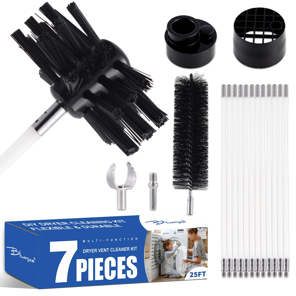 Bluesea 7 Pieces 25 Feet Dryer Vent Cleaner Kit, Reinforced Nylon Dryer Vent Cleaning Kit, Durable Dryer Vent Brush Vacuum Attachment with Flexible Lint Trap Brush, Vacuum & Dryer Adapters